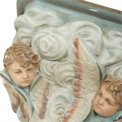 Set of three Belgian wall cornices, each with moulded shelf top above polychrome painted cherubic and rococo scroll ornament

Pale green (H 43cm, D 42cm, W 39cm)
Painted cherubs (H 51cm, D 47cm, W 49cm)
Darker green (H 46cm, D 42cm, W 50cm)