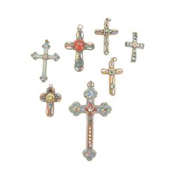 Seven micro mosaic cross pendents, largest H10cm