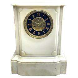 Victorian alabaster mantel clock, black slate and gilt Roman chapter ring surrounding visible brocot escapement, enclosed by egg and dart moulded slip and bevelled bezel, twin train driven eight day movement striking the hours and half on bell