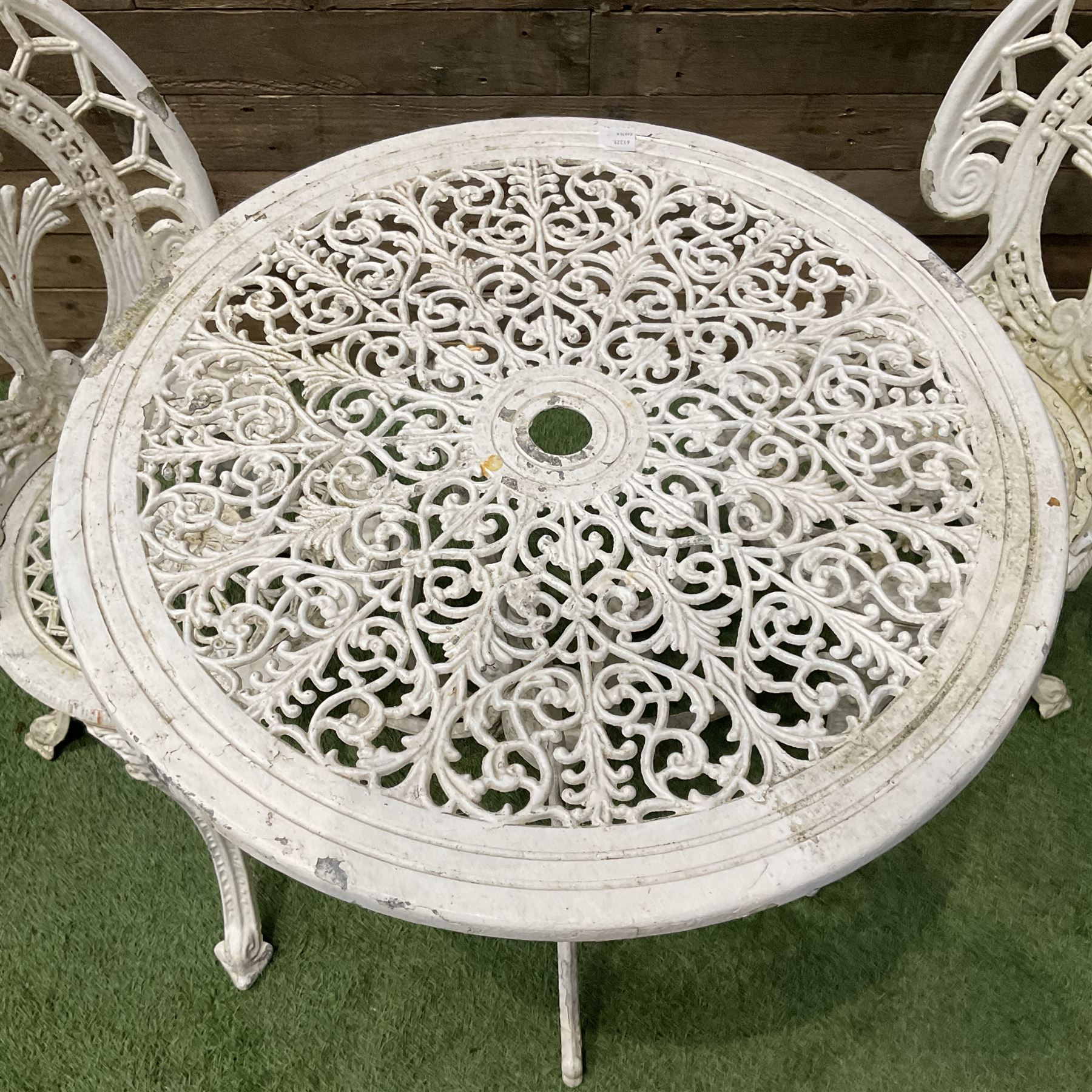 Cast aluminium circular garden table and two chairs - THIS LOT IS TO BE COLLECTED BY APPOINTMENT FROM DUGGLEBY STORAGE, GREAT HILL, EASTFIELD, SCARBOROUGH, YO11 3TX