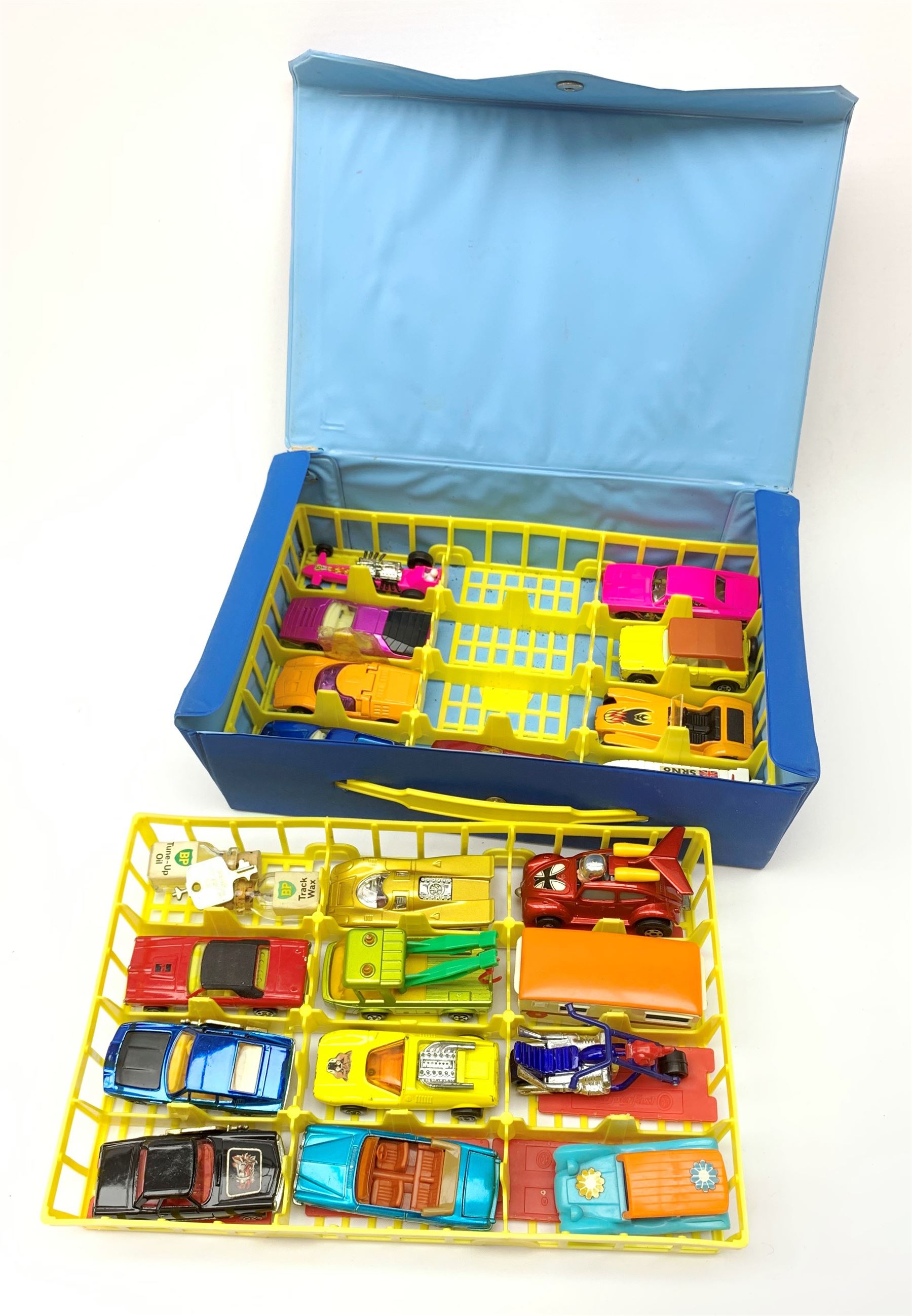 Matchbox Superfast Collectors Mini-Case containing two lift-out trays with twenty various die-cast models including three Corgi Rockets with keys, Matchbox and Lone Star
