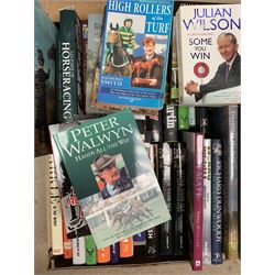 Books, mostly relating to horse racing including 'Kieren Fallon from my autobiography', 'Frankincense and More' the biography of Barry Hills,  various other similar biographies and autobiographies and a few DVDs related to horse racing, in three boxes