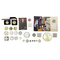 Coins including United States of America 1885 Morgan dollar, Queen Elizabeth II Bailiwick of Guernsey 20012 and 2013 five pound coins, Isle of Man Paddington Bear 2008 one crown, various other commemorative coins etc