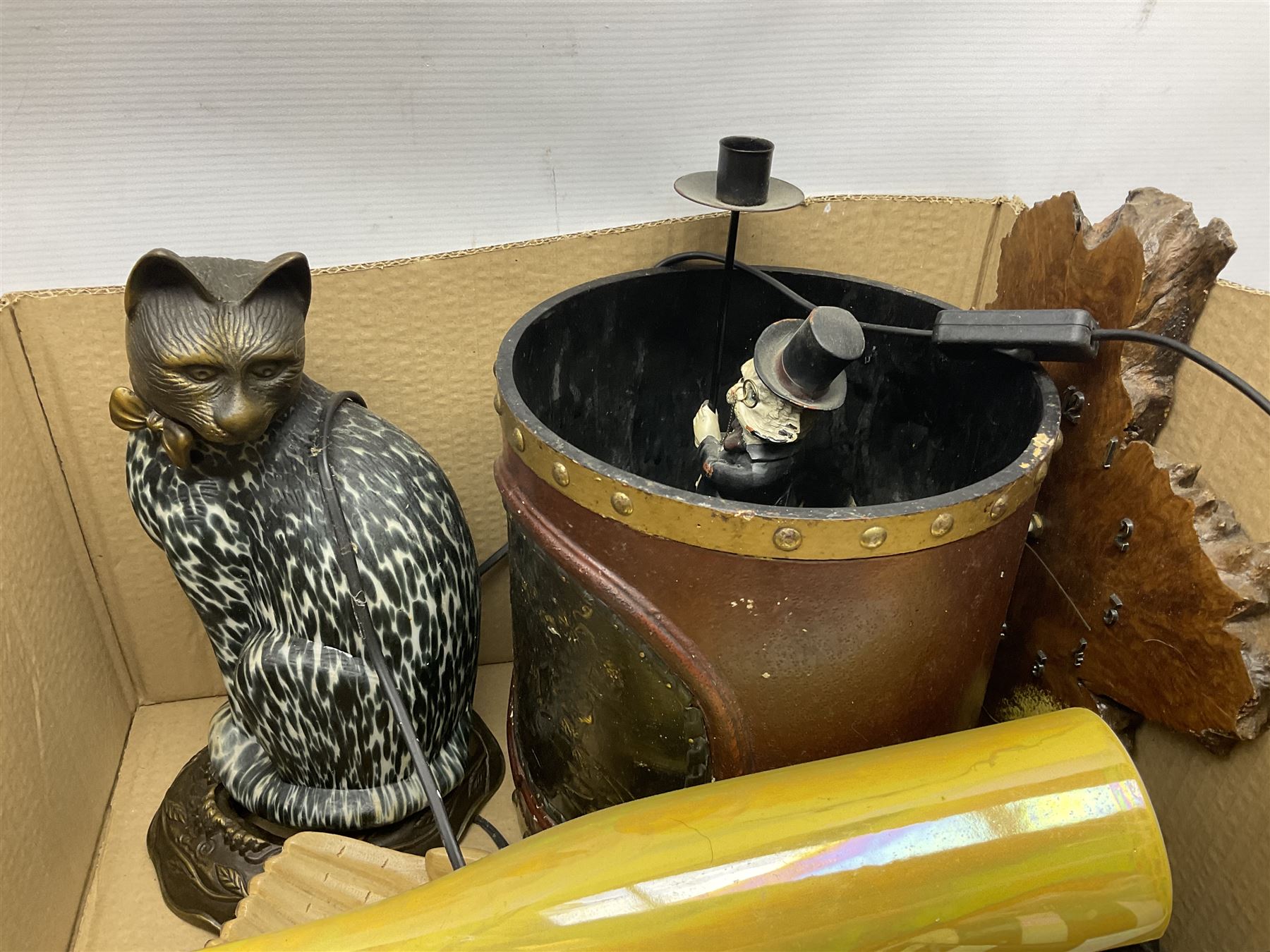 Japanese ceramic egg, three Japanese plates, various cat figures, treen etc in two boxes