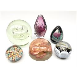 Collection of paperweights, including two Caithness glass paperweights, one with a thistle design H12cm, large glass paperweight vortex bubble pattern H14cm, purple studio glass vase etc. 