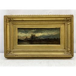 English School (Early 19th century): River Landscape at Sunset, oil on panel unsigned, Christies stencil number verso 10cm x 26cm