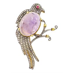 Silver and silver-gilt amethyst, ruby and diamond bird brooch, large cabochon amethyst of ...