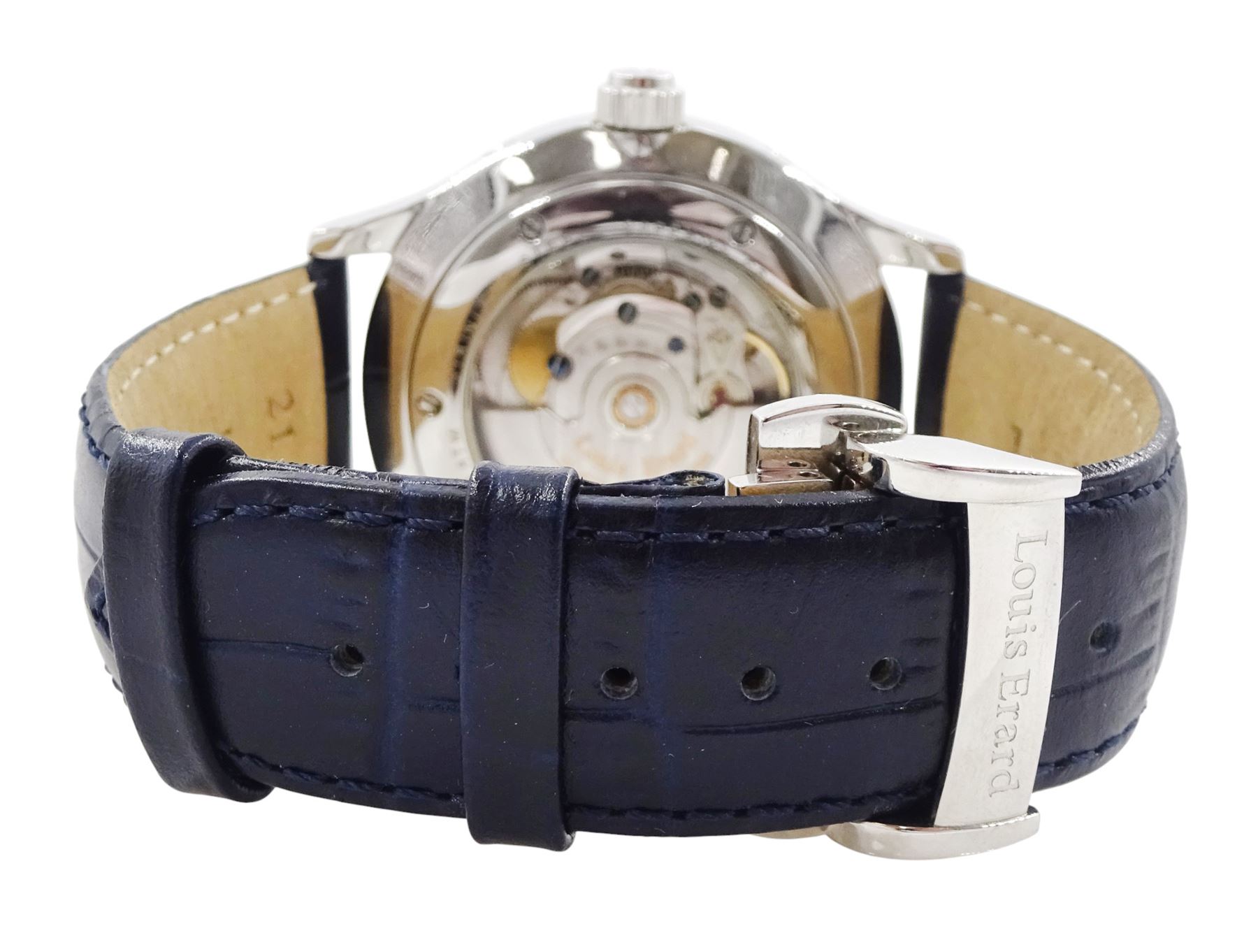 Louis Erard gentleman's stainless steel automatic moonphase wristwatch, blue dial with Arabic and dagger hour markers and day / date aperture, on blue leather strap, with fold-over clasp, boxed