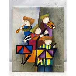 Attrib. Joyce Roybal (Italian 1955-): The Orchestra, oil on canvas indistinctly signed 51cm x 41cm (unframed)