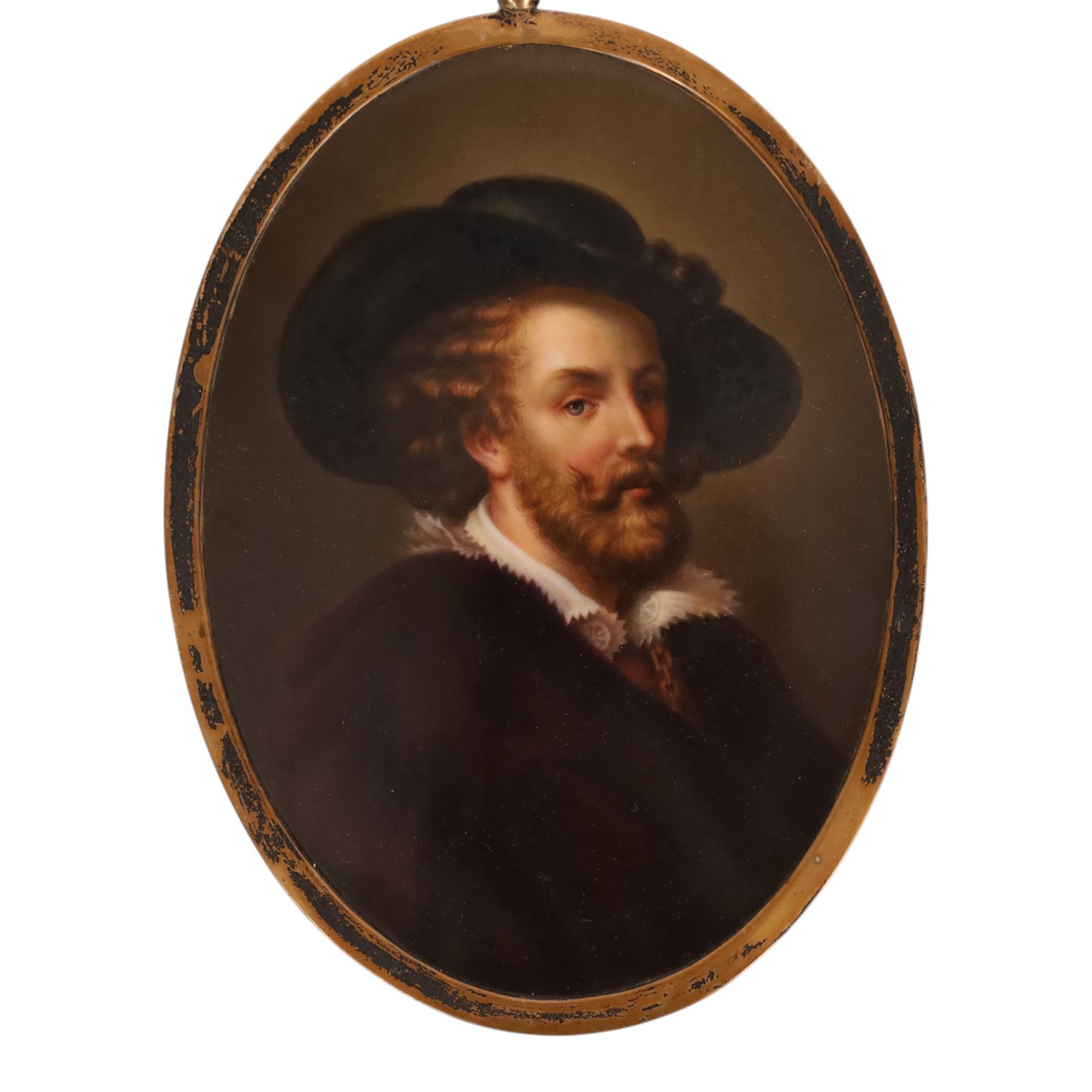 After Sir Peter Paul Rubens (Flemish 1577-1640): Self Portrait of the Artist, 19th century Dresden painted porcelain plaque, in a silver gilt frame, inscribed indistinctly verso and with impressed marks B and M, including frame 18cm x 14cm
