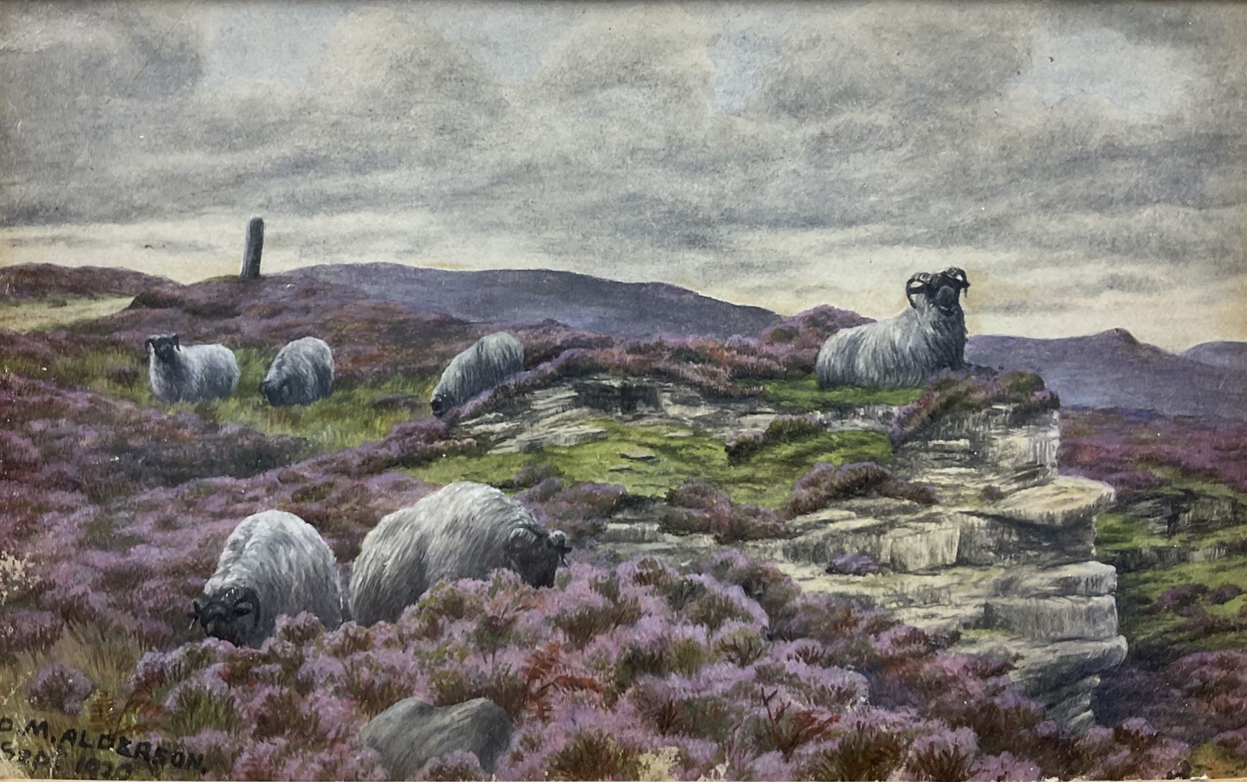 Dorothy Margaret Alderson (British 1900-1992): Sheep Grazing on a Moorland Crag, watercolour signed and dated 1920, 8.5cm x 13.5cm