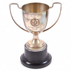 1950s and later cricket trophy cups and plaques, including LT Shipman's CC Winners Carpenter Cup & Shipman Cup 1954 trophy, Shipman's Cup 1956 and The Filbert's Winners 1956 SWBCC plaque, tallest H18.5cm