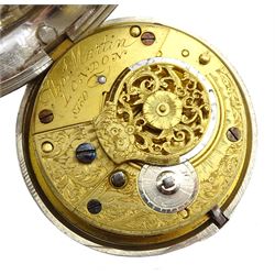 Victorian silver pair cased verge fusee pocket watch by Thomas Martin, London, No. 8139, pierced and engraved balance cock decorated with a mask, white enamel dial with Roman numerals, case by William Carter, London 1856