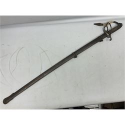 British 1821 Pattern Light Cavalry Officer's sword, with plain 87.5cm slightly curving fullered steel blade and plain steel three-bar hilt with wire-bound fish skin grip and plaited knot on later cord; in steel scabbard with two hanging rings L103cm overall