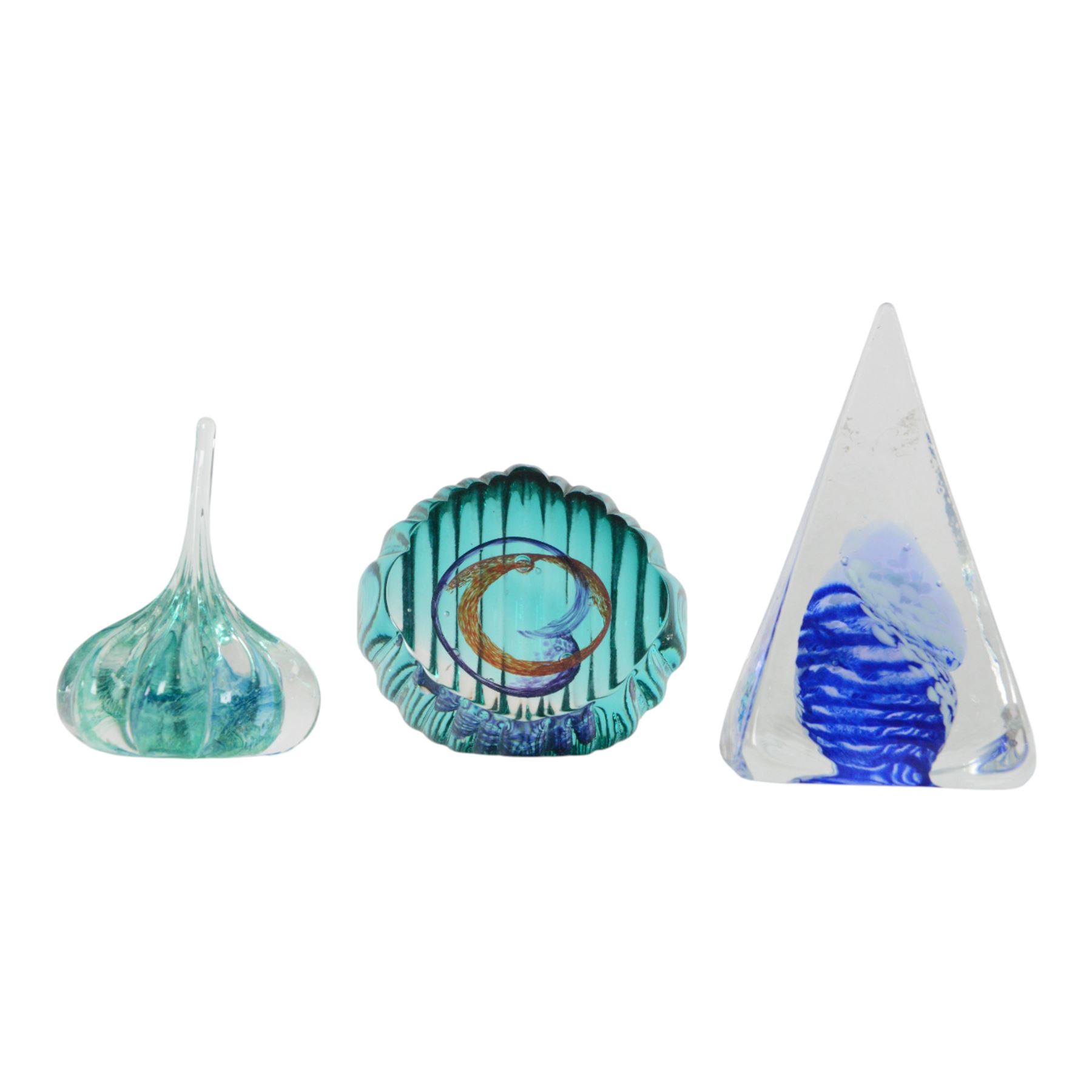 Collection of glass paperweights, including two Avondale glass mushrooms, three Caithness pyramids etc  