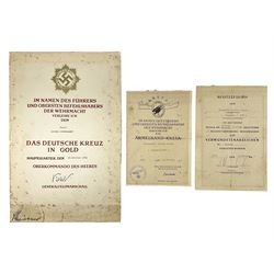 Three German documents dated 1942 - Gold Cross award to Major Ludwig Osterkampf; and Crete wound certificate and cuff title certificate awarded to Feldwebel Alfred Glaise; all unframed (3)