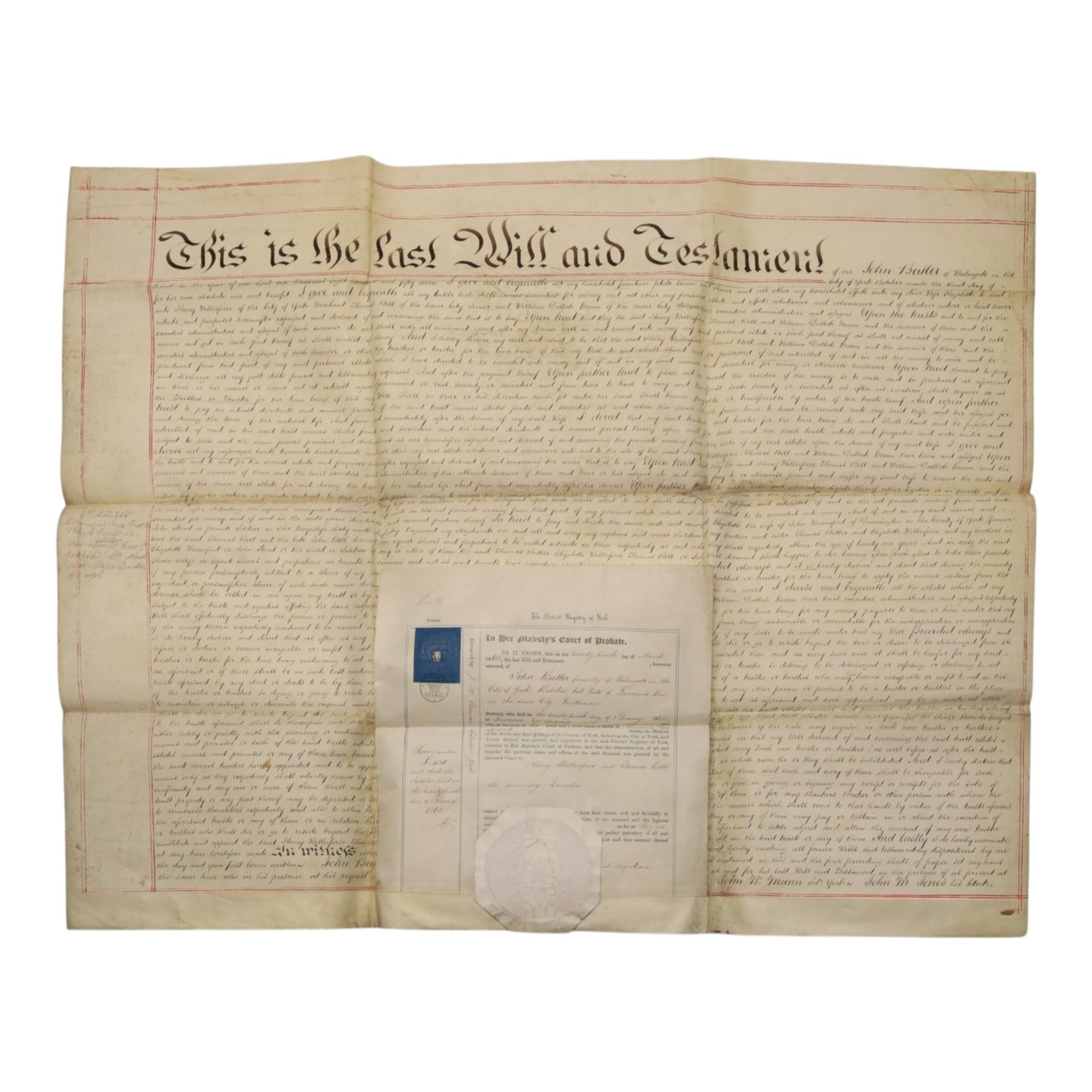 York interest - collection of 18th and 19th century vellum indentures, wills, probate documents and related papers concerning central York properties, streets and residents, including Micklegate, The Shambles, Bootham, Fishergate, Walmgate, Monkgate and Goodramgate, with probate of John Ealand, formerly of The Shambles, York, butcher, later of Swan Street, Nunnery Lane, probate of Roger Iddison of No.8 Portland Street, York, auctioneer, probate of Eliza Nottingham of Bootham Asylum, formerly of St Paul’s Square, together with documents relating to butchers, farmers, tradespeople and York families, many retaining original seals and stamps, in one box