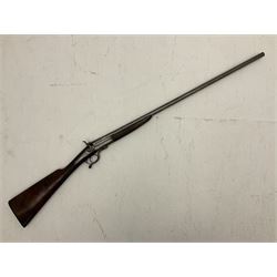 19th century lightweight 20-bore single barrel shotgun with best curly damascus 76cm barrel in original black powder proof; screw underlever opening; walnut stock with chequered grip and fore-end; serial no.21448 L117.5cm overall SHOTGUN CERTIFICATE REQUIRED