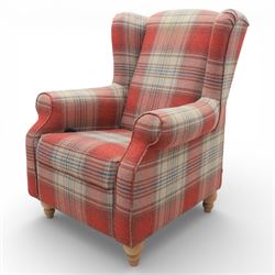 Next Home - Contemporary wingback reclining armchair, high winged back with padded sides, scroll arms, upholstered throughout in red and beige check fabric, loose seat cushion, fitted with a reclining mechanism, raised on short turned wooden 