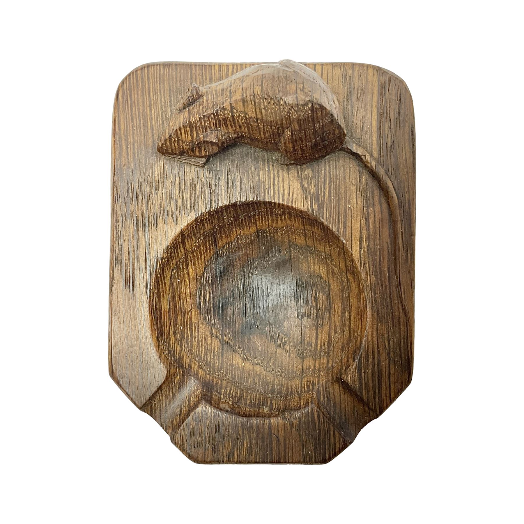 Mouseman - oak ashtray, rectangular form with rounded and canted corners, carved with mouse signature, by the workshop of Robert Thompson, Kilburn