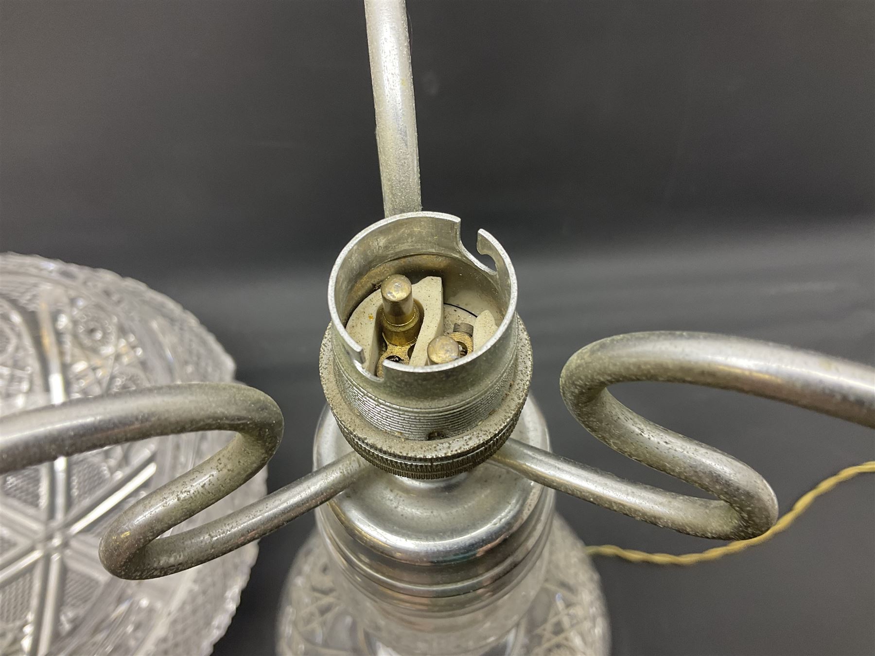 Cut glass table lamp base, of tapering form upon circular base, with conforming cut glass domed lamp shade, H45cm