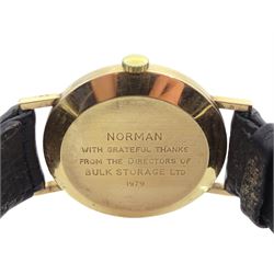 Avia 9ct gold gentleman's manual wind presentation wristwatch, hallmarked, on black leather strap and a ladies 9ct gold manual wind wristwatch, on ribbon strap