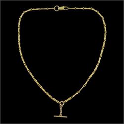 Early 20th century 15ct gold bamboo style link chain necklace, with T bar, stamped 15