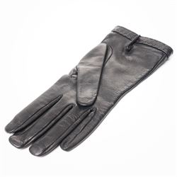 Prada - pair of black lambskin leather gloves, with enamel gold-tone and black triangle logos and silk lined interior, unused with original box