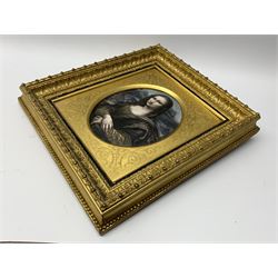 Late 19th/early 20th century enamelled copper plaque, The Mona Lisa, within a gilt mount with scroll detailed spandrels, and gilt palmette moulded frame, plaque H17cm W13.5cm, overall H31.5cm W28cm