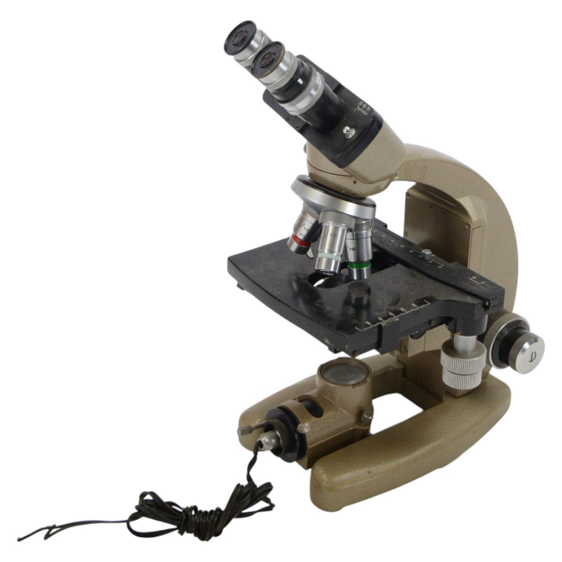 Three microscopes, including Griffin Student Vernier Microscope, Vickers Instruments binocular microscope with Leitz Wetzlar Periplan 10x lenses, and a Carl Zeiss Jena binocular microscope in a wooden Olympus Tokyo box