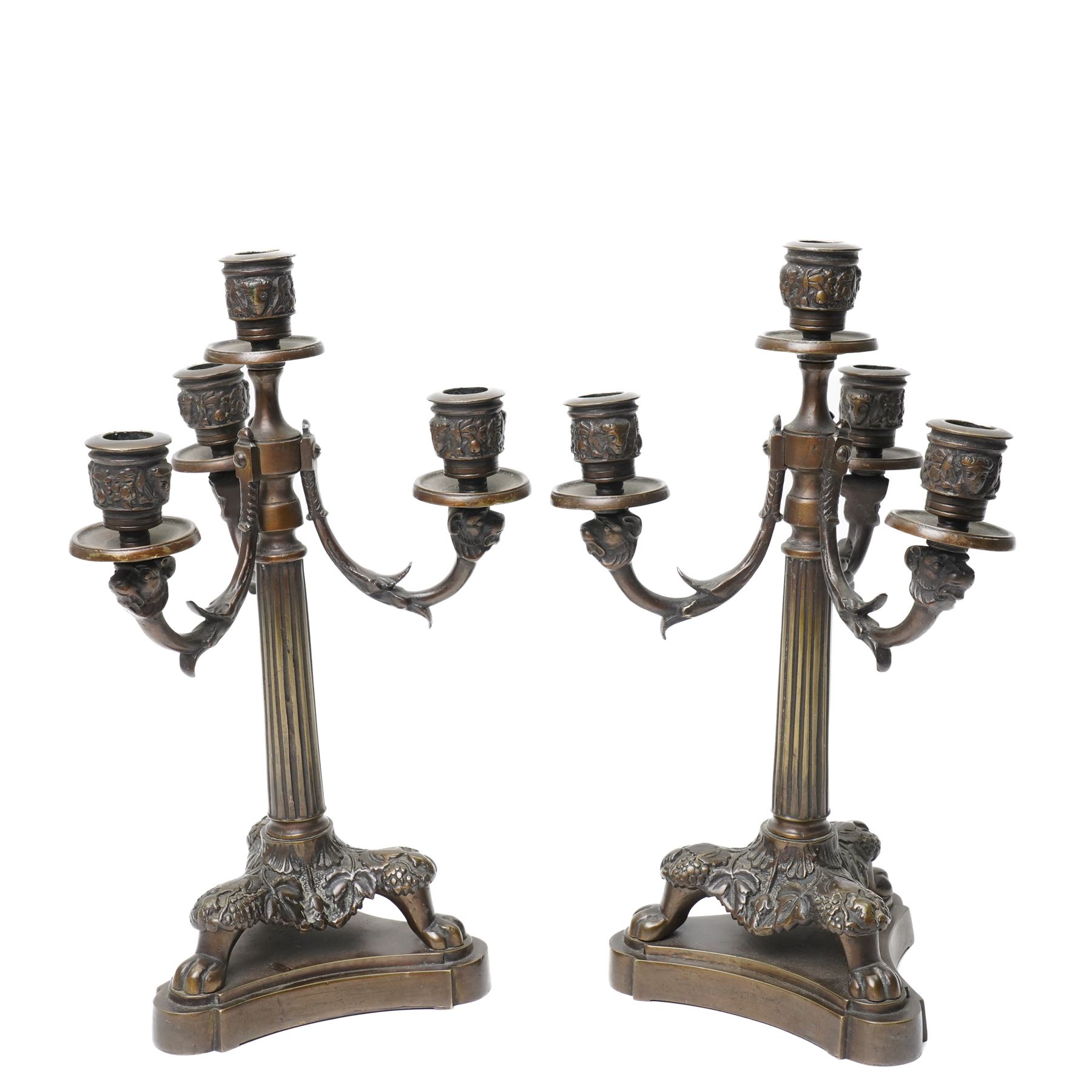Pair of Neo Classical bronze four light candelabra with scroll branches and fluted columns with paw feet on triangular base H35cm