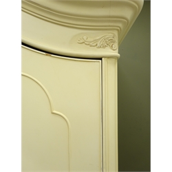  Wallis & Gambier Ivory bow fronted armoire, arched cresting  with classical swags, two doors enclosing hanging rail above single drawer, shell carved cabriole feet, W109cm, H204cm, D63cm  