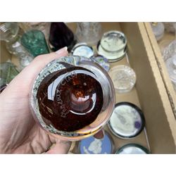 Millefiori paperweight, together with Caithness paperweight, Isle of Wight vase, cranberry glass tumblers, claret jug, decanters and other glassware, in three boxes 