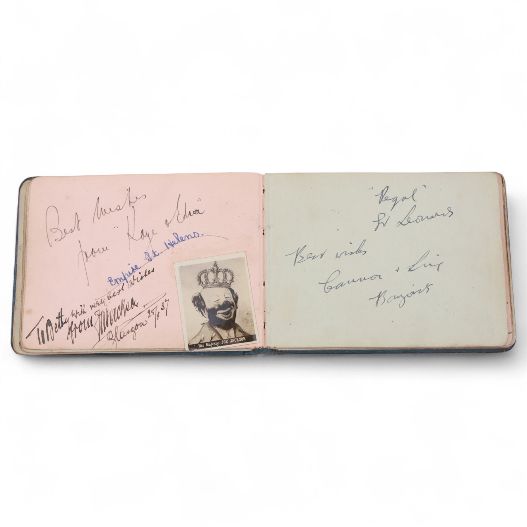 1930s autograph book containing various signatures from theatre performers and musicians, including Douglas Wakefield, Dorothy Langley, Phyllis Robins, Billy Scott-Coombes, Alfredo, etc 