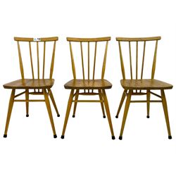 Ercol - set of three elm and beech model '391 All-Purpose Windsor Chairs', stick-back kitchen dining chairs
