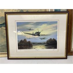 Aviation interest - eight prints of planes including 'Avro Lancaster PA474 over Beachy Head', 'Lancasters over the Target', Supermarine Spitfires, Barry Price: De Havilland Mosquito' and 'Spitfires at Dawn' max 59cm x 82cm (9)