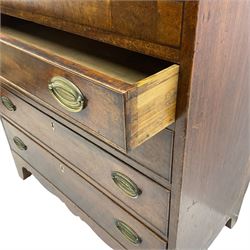 George III mahogany chest, rectangular crossbanded top over four long cock-beaded drawers with bone lozenge escutcheons and oval pressed brass handle plates, on bracket feet