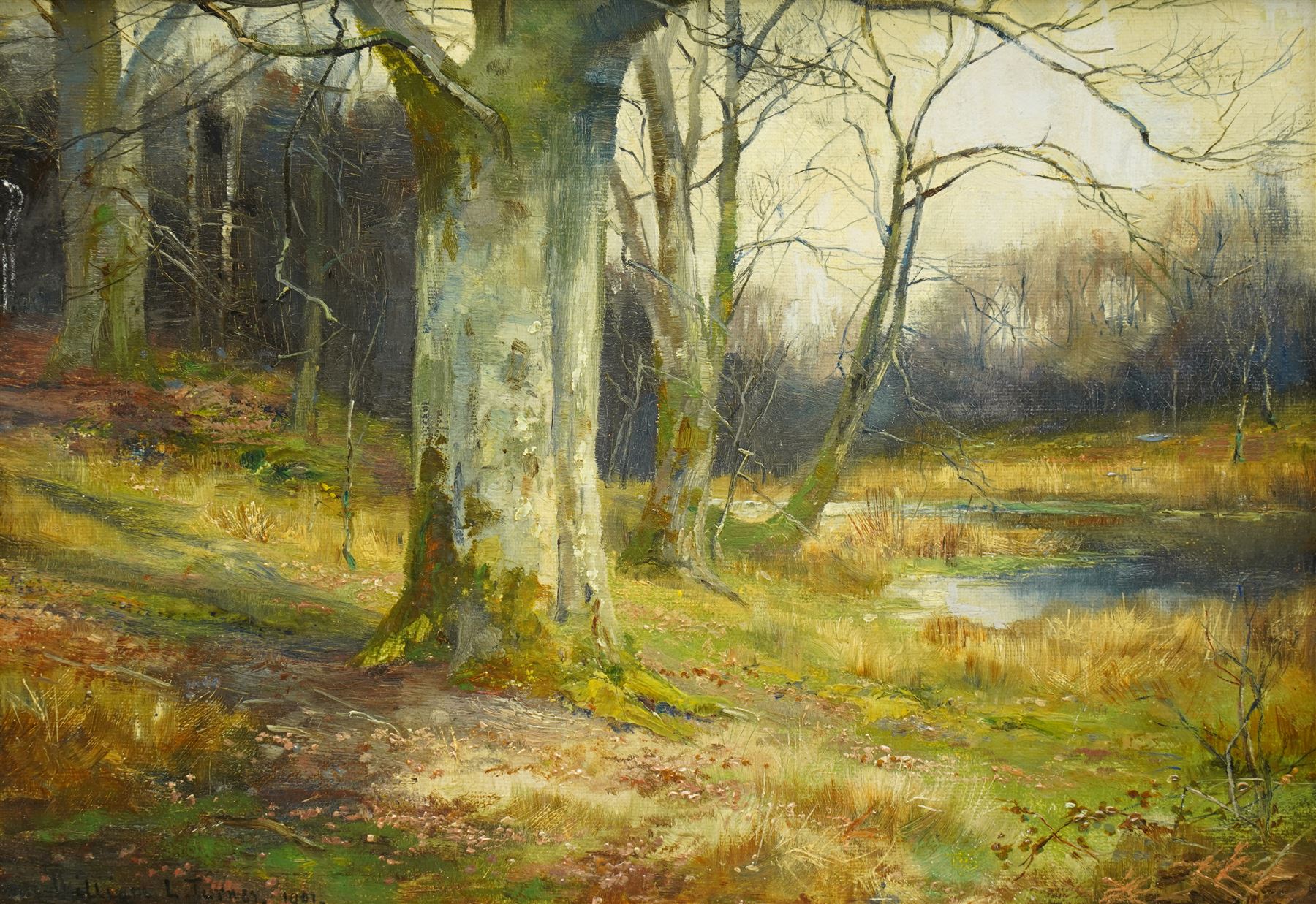 William Lakin Turner (British 1867-1936): 'A Bend in the River Leven - Cumbria', oil on canvas signed and dated 1901, titled on gallery label verso 23cm x 34cm 
Provenance: with Ashleigh House Fine Art & Antiques, Saffron Walden, label verso