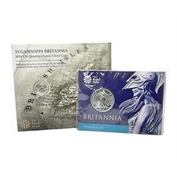The Royal Mint United Kingdom 2014 'SS Gairsoppa Britannia' fine silver quarter ounce coin in card folder and 2015 'Britannia' fine silver fifty pound coin on card