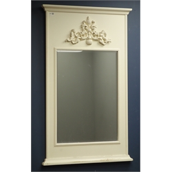  White painted mirror with bevelled glass, mounted cherub and scroll carving (70cm x 115cm), and a similar mirror  