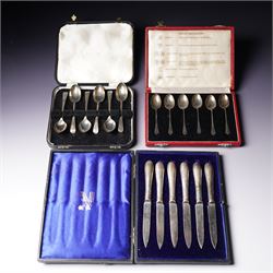 Set of six silver coffee spoons with examples of various British hallmarks , boxed, a set ...