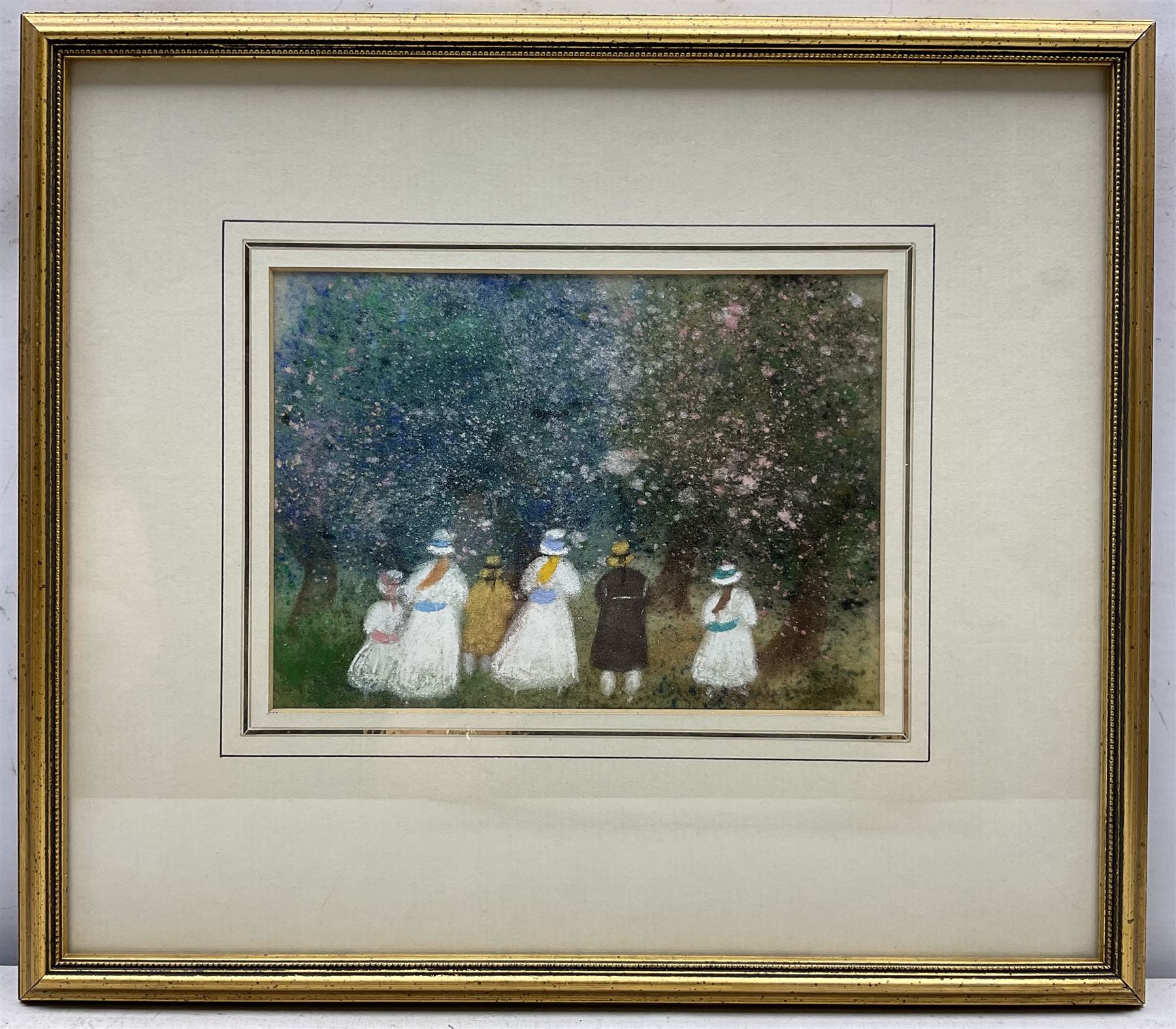 Gabrielle Bellocq (French 1920-1999): Figures Admiring Blossom, pastel signed 15cm x 21cm 