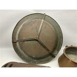 Copper pot with twin iron handles, large heavy planished brass charger and brass crocodile tray, charger D59cm