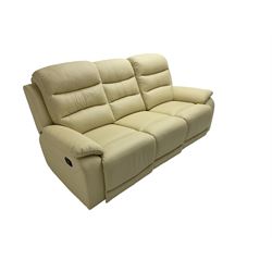 Contemporary three seat reclining sofa, upholstered in cream leather (W205cm); with matching electric reclining armchair and another fixed armchair (W100cm D95cm H105cm)