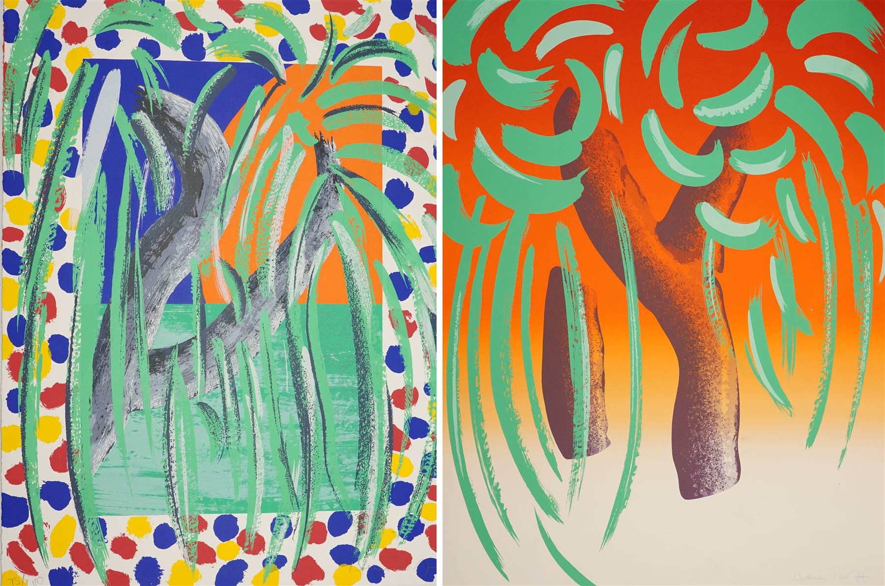 Michael Heindorff (German 1949-): 'Tasso's Trees IX & XIII', pair screenprint signed dated '77 and numbered 98/100 and 75/100 in pencil 92cm x 69cm (2) (unframed)