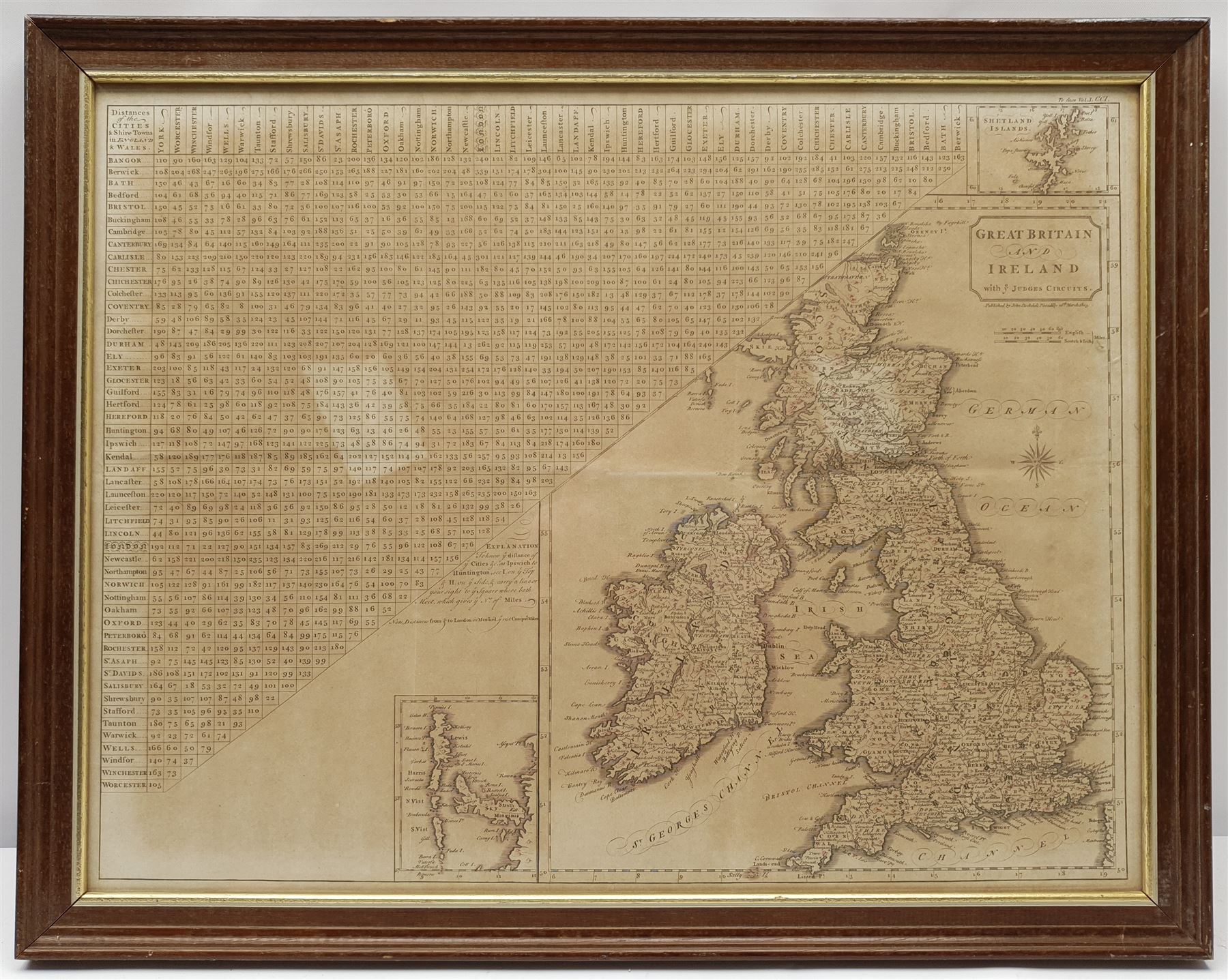 John Stockdale (British 1749-1814): 'Great Britain and Ireland with ye Judges Circuits', engraved map with triangular distance chart titled 'Distances of the Cities & Shire Towns in England & Wales' pub. 1805, 37cm x 48cm