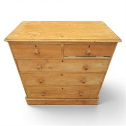 Victorian waxed pine chest, fitted with two short and three long drawers, turned wooden handles, raised on plinth base
