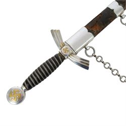 German Third Reich Luftwaffe Officers Dress Dagger by Alcoso Solingen, the 30cm double edged blade marked Alcoso Solingen, with plated down-swept quillons and pommel bearing swastika, wire-bound blue leather grip, the leather covered sheath with mounts and hanging chains, overall L50cm 