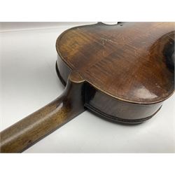 German violin c1890 with 36cm two-piece maple back and ribs and spruce top; bears label 'Antonius Stradivarius Cremona Faciebat Anno 1729' L59.5cm overall; in ebonised wooden 'coffin' case; and two German violins c1890 for completion - one bearing a Stradivarius label, the other a Ruggeri label; both in carrying cases (3)
