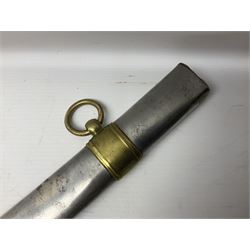Early 19th century French Lancers officer's sword c1810, the 84cm curving fullered blade retaining most of its bluing, gilding and engraved decoration, inscribed I.S.& C. to ricasso (for Schimelbusch), brass three-bar hilt with elongated elliptical langets and wire-bound leather grip; in polished steel scabbard with two brass suspension rings L100cm overall